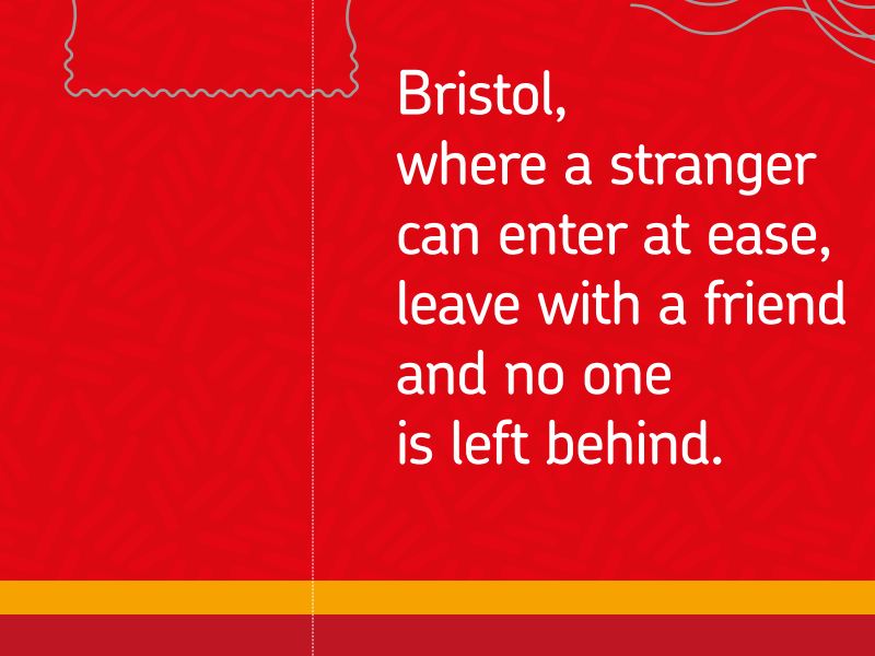 Royal Mail stamp booklet design labelled: Bristol, where a stranger can enter at ease, leave with a friend and no one is left behind.