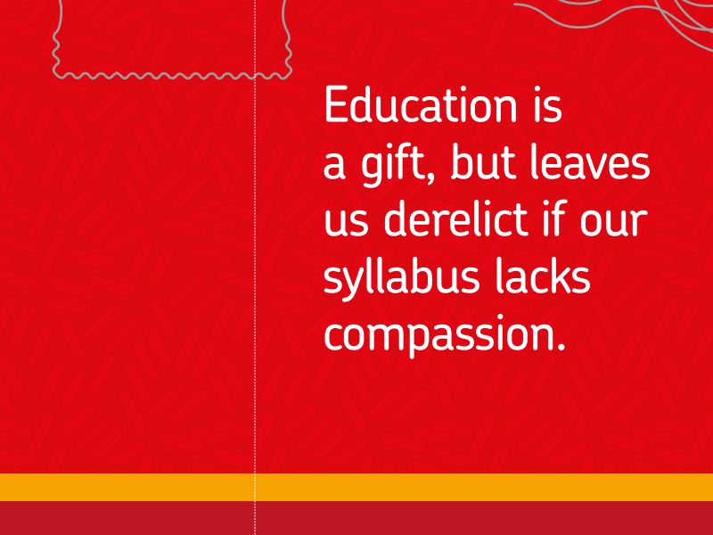 Royal Mail stamp booklet design labelled: Education is a gift, but leaves us derelict if our syllabus lacks compassion.