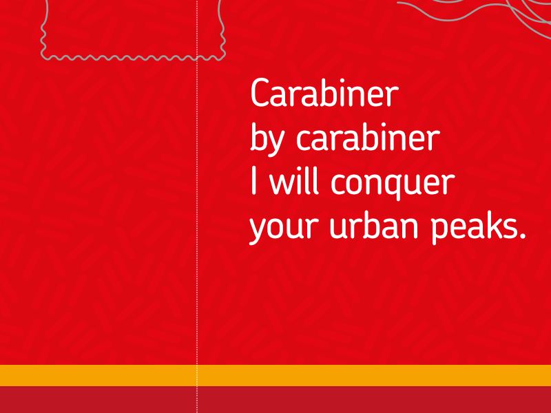 Royal Mail stamp booklet design labelled: Carabiner by carabiner I will conquer your urban peaks.