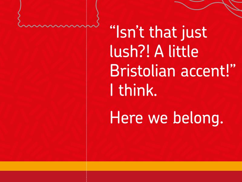 Royal mail stamp booklet design labelled: "Isn't that just lush?!" A little Bristolian accent! I think. Here we belong.