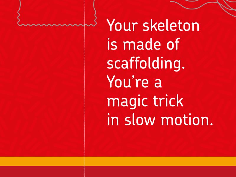 Royal mail stamp booklet design labelled: Your skeleton is made of scaffolding, You're a magic trick in slow motion.