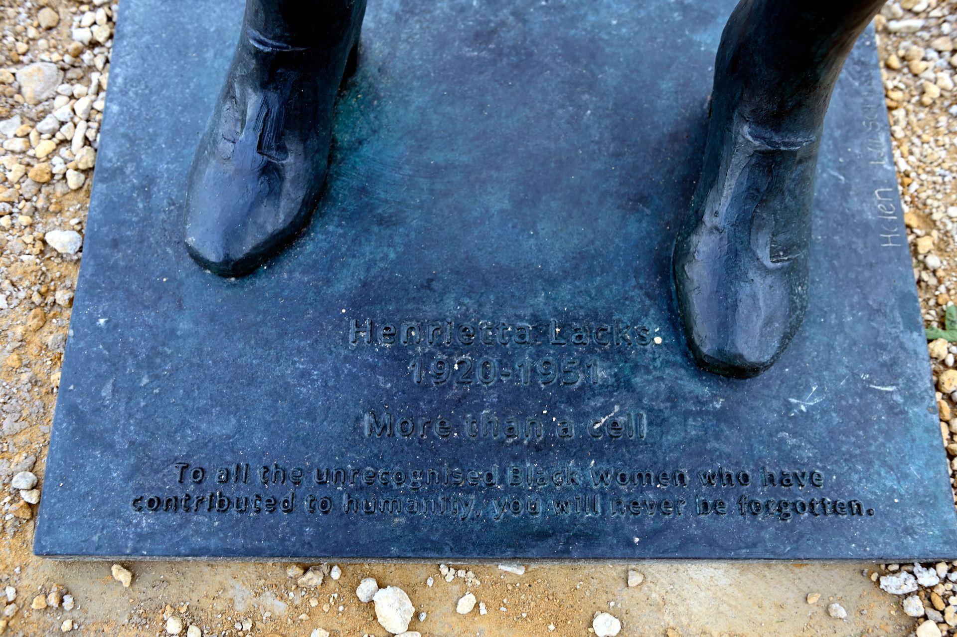Inscription on the base of the Henrietta Lacks Statue: 'Henrietta Lacks 1920-1951 More than a cell To all the unrecognised Black women who have contributed to humanity, you will never be forgotten.'