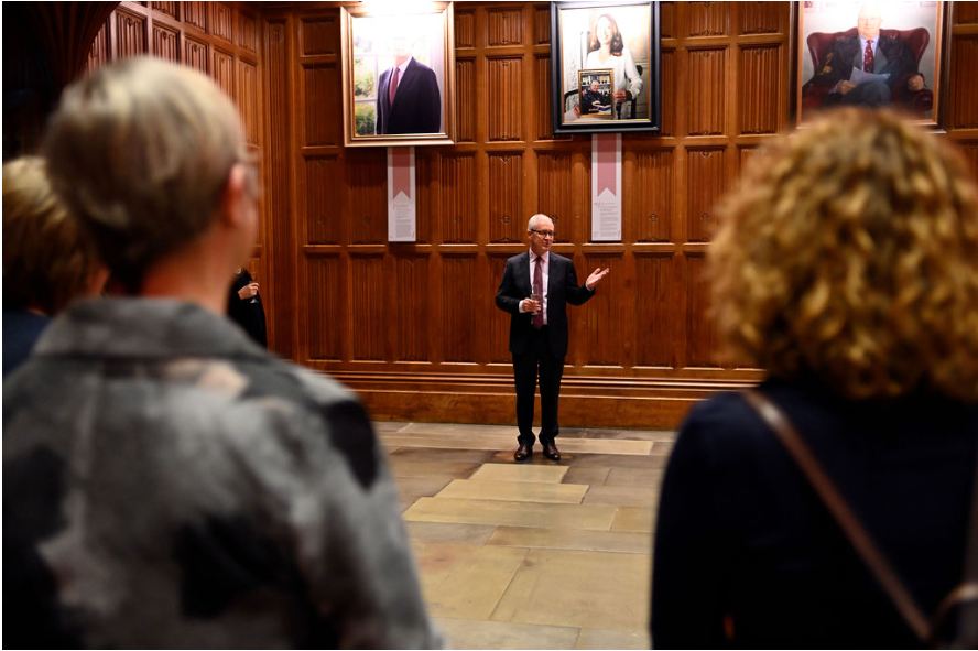 Professor Brady speaks to well-wishers at the portrait unveiling.